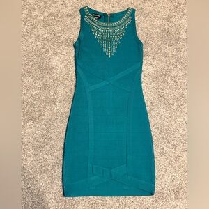 Teal Sleeveless Dress with Embellished Neckline